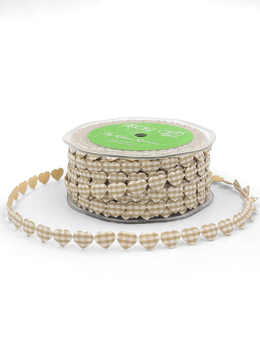 3/8 Inch Adhesive Puffy Mini Gingham Heart Ribbon with Cut Sealed Edge – A513-38-02 beige/ivory