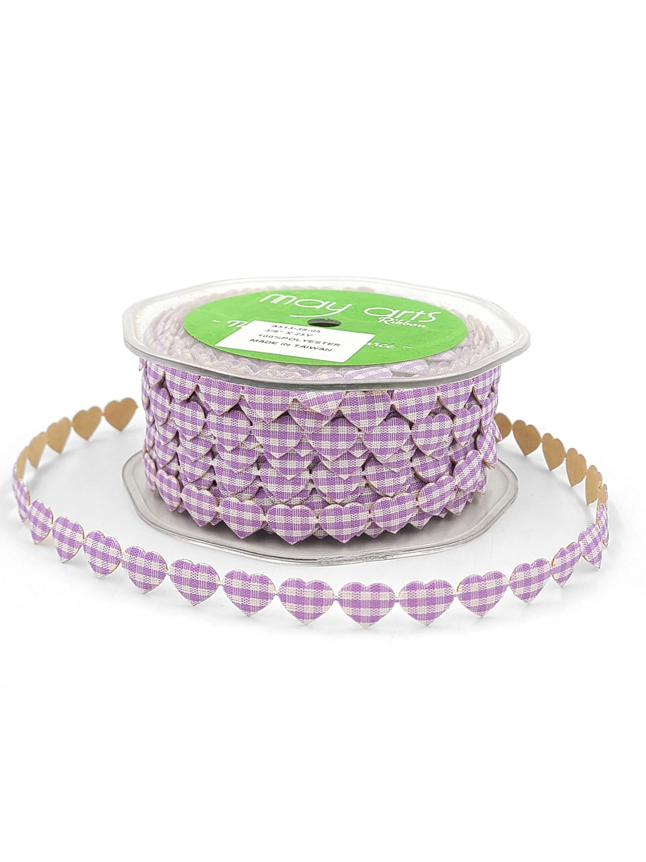 3/8 Inch Adhesive Puffy Mini Gingham Heart Ribbon with Cut Sealed Edge – A513-38-05 lavender/ivory
