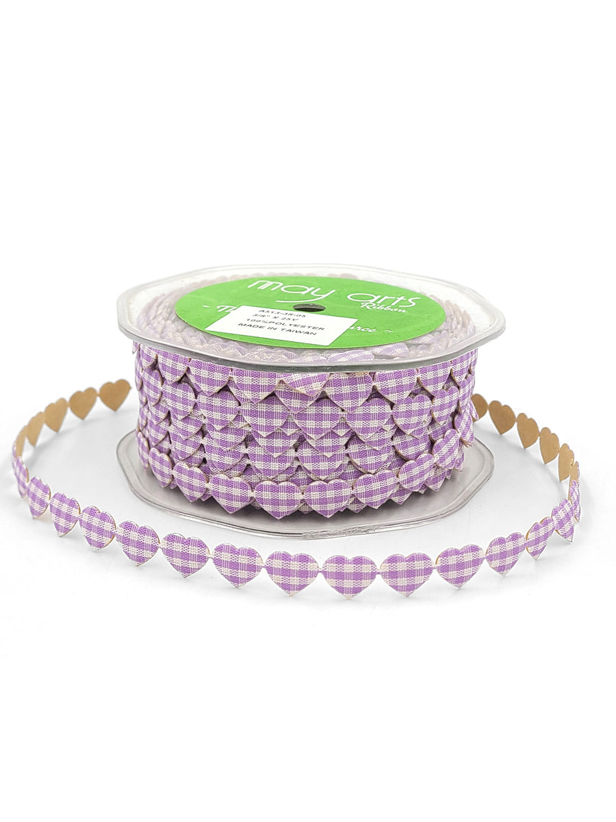 3/8 Inch Adhesive Puffy Mini Gingham Heart Ribbon with Cut Sealed Edge – A513-38-05 lavender/ivory