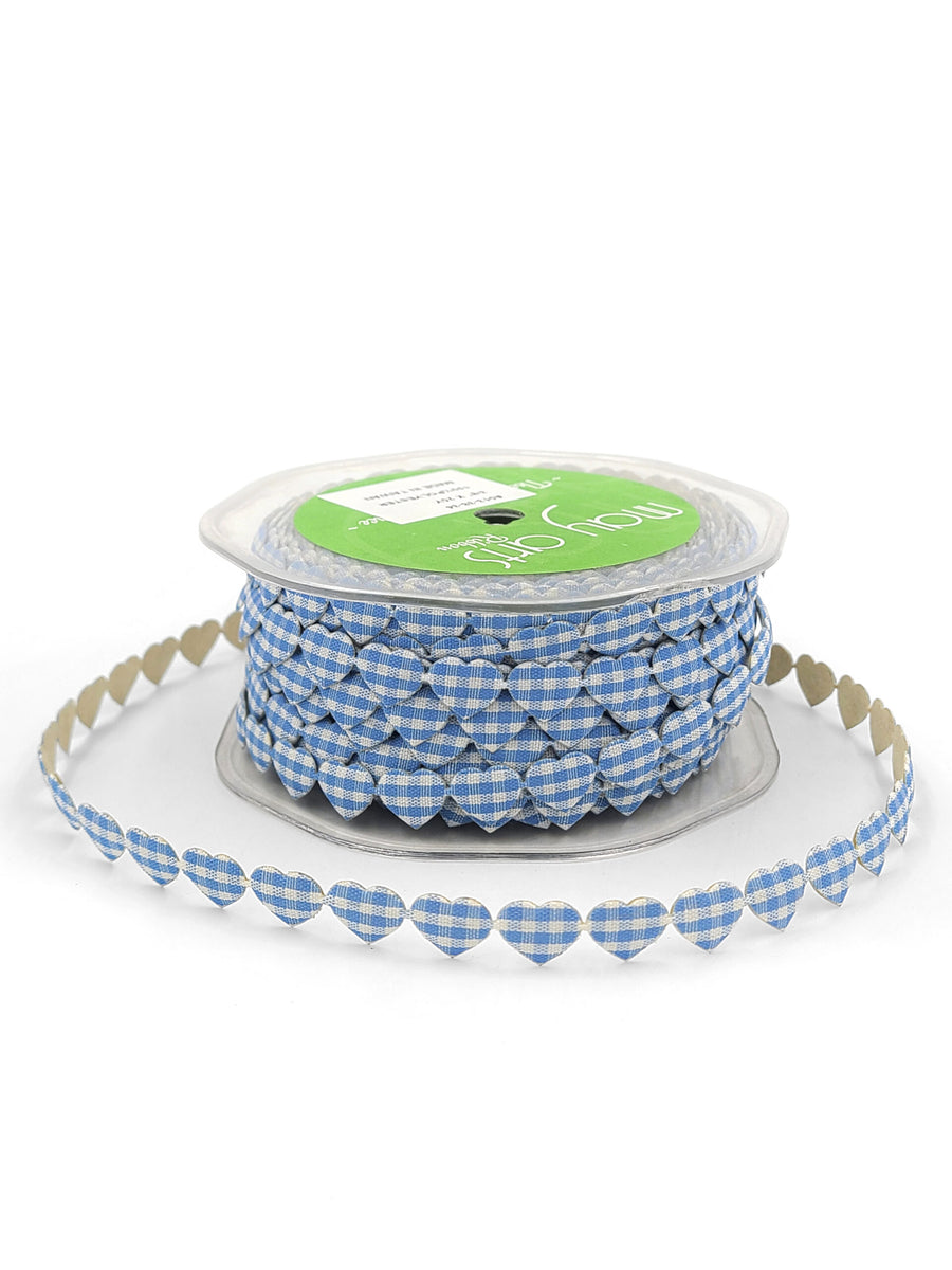 3/8 Inch Adhesive Puffy Mini Gingham Heart Ribbon with Cut Sealed Edge – A513-38-34 light blue/ivory