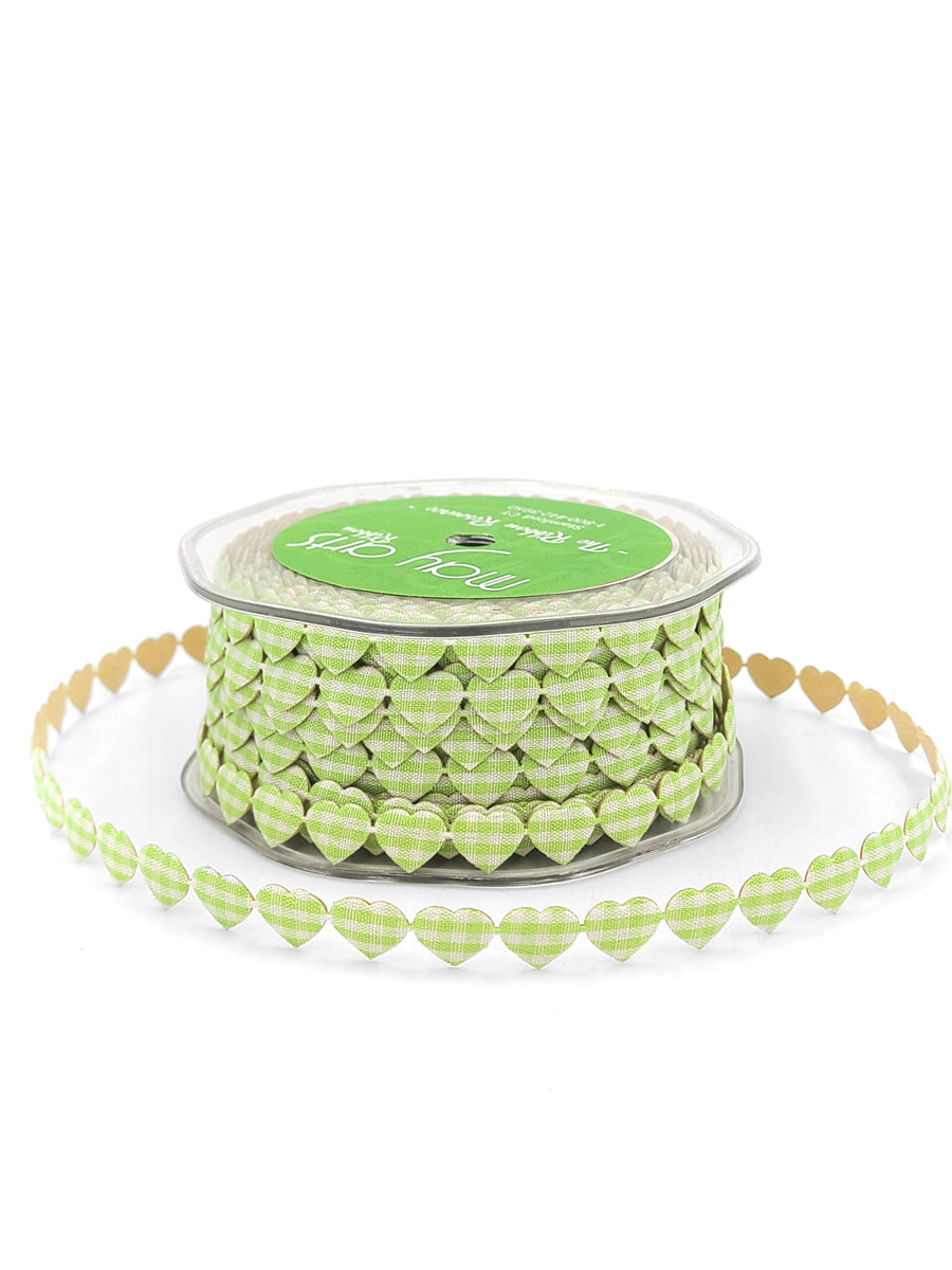 3/8 Inch Adhesive Puffy Mini Gingham Heart Ribbon with Cut Sealed Edge – A513-38-46 light green/ivory