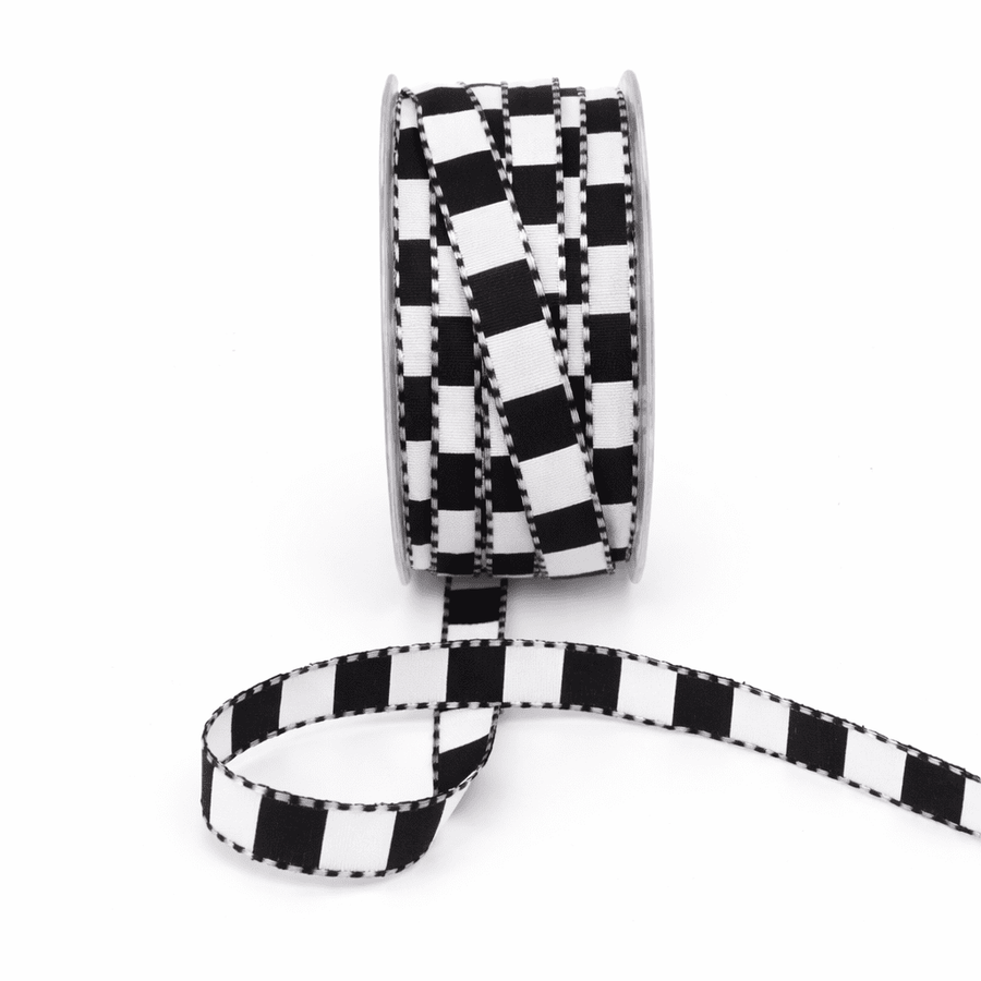 1/2 Inch Multi-Color Checkered Ribbon with Woven Stitched Edge – AB10 – BLACK/WHITE