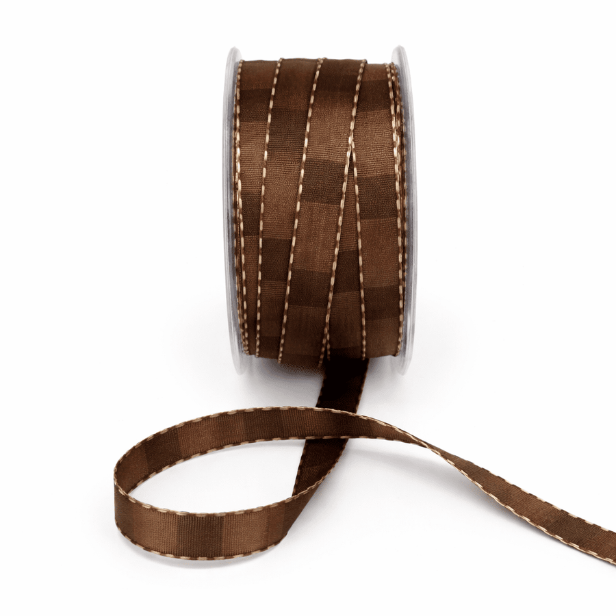 1/2 Inch Multi-Color Checkered Ribbon with Woven Stitched Edge – AB33 – BROWN/DARK OLIVE