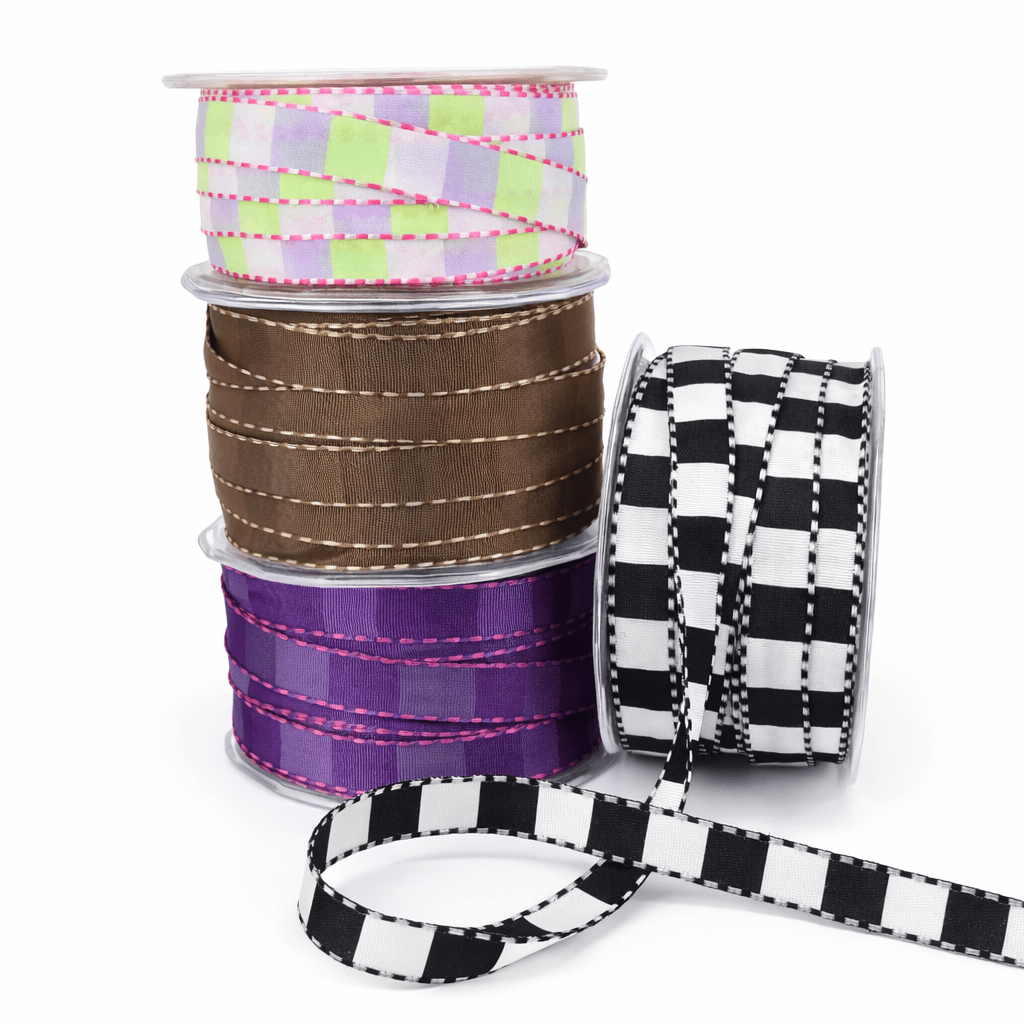 1/2 Inch Multi-Color Checkered Ribbon with Woven Stitched Edge – AB05 – LAVENDER/PARROT GREEN