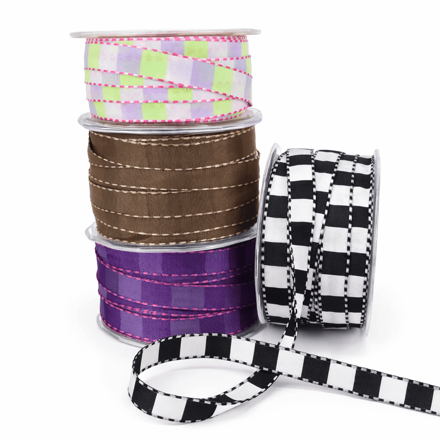 1/2 Inch Multi-Color Checkered Ribbon with Woven Stitched Edge – AB05 – LAVENDER/PARROT GREEN