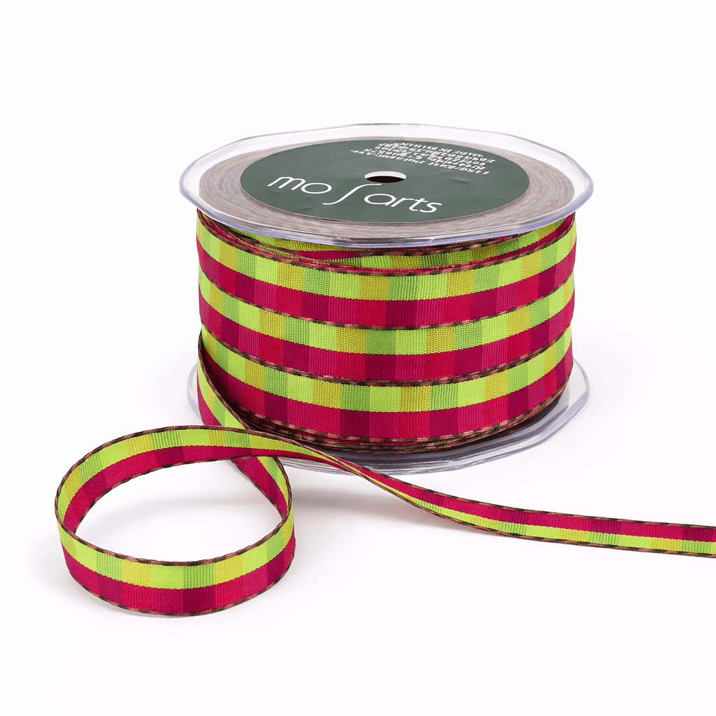 1/2 Inch Multi-Color Checkered Ribbon with Woven Stitched Edge – ABB15 – GREEN /FUCHSIA/ORANGE