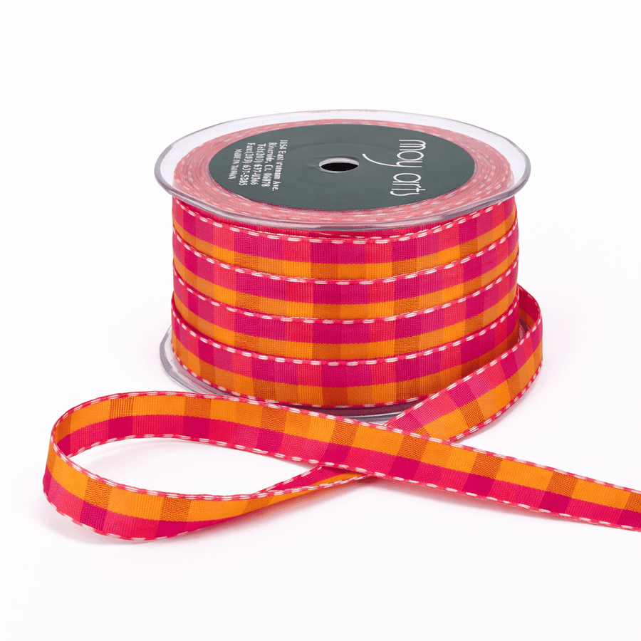 1/2 Inch Multi-Color Checkered Ribbon with Woven Stitched Edge – ABB22 – FUCHSIA/ORANGE/LAVENDER