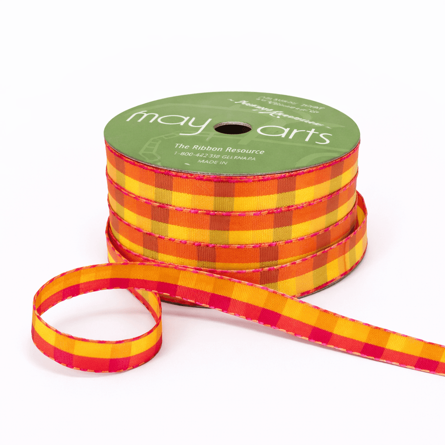 1/2 Inch Multi-Color Checkered Ribbon with Woven Stitched Edge – ABB28 – ORANGE/YELLOW/PINK