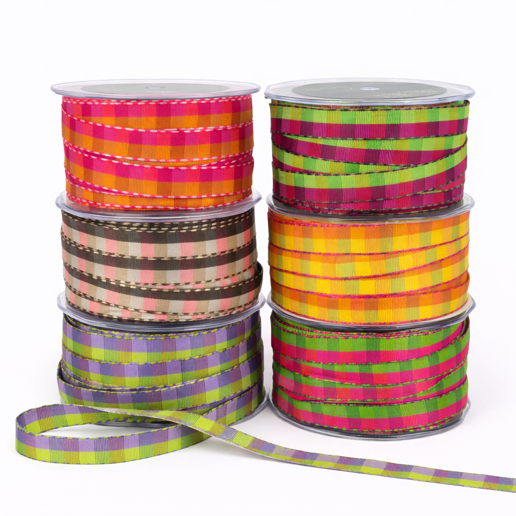1/2 Inch Multi-Color Checkered Ribbon with Woven Stitched Edge – ABB46 – PARROT GREEN/FUCHSIA/YELLOW