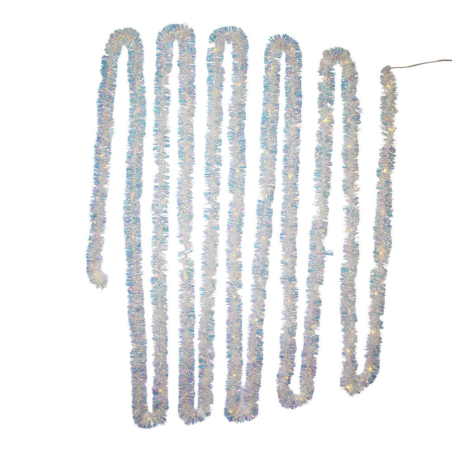 34.8' Battery Operated 100L Warm White Superbright LED Iridescent Tinsel Garland