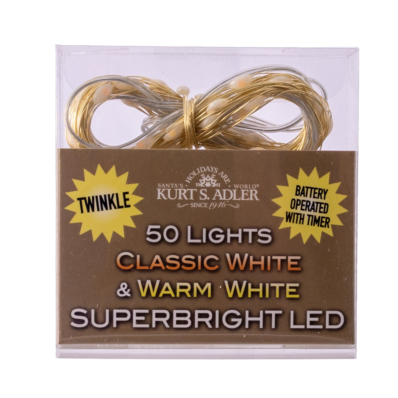 Battery Operated 50L Classic White & Warm White Superbright LED Gold Wire Light Set In PDQ