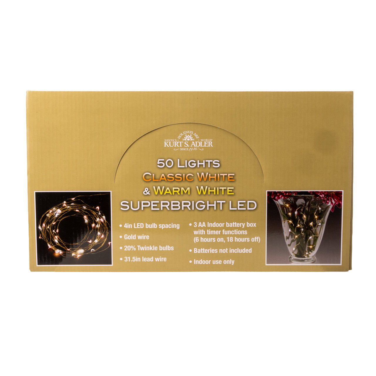 Battery Operated 50L Classic White & Warm White Superbright LED Gold Wire Light Set In PDQ