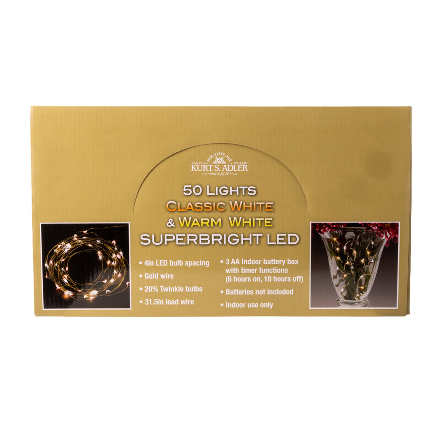 Battery Operated 50L Classic White & Warm White Superbright LED Gold Wire Light Set In PDQ