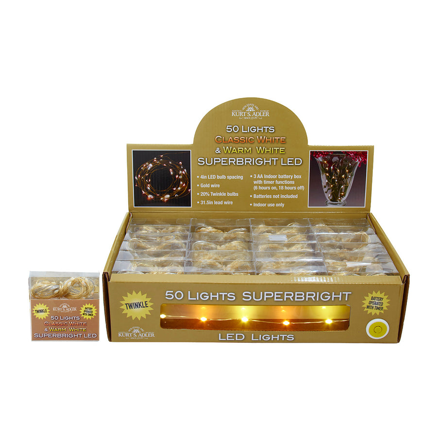 Battery Operated 50L Classic White & Warm White Superbright LED Gold Wire Light Set In PDQ