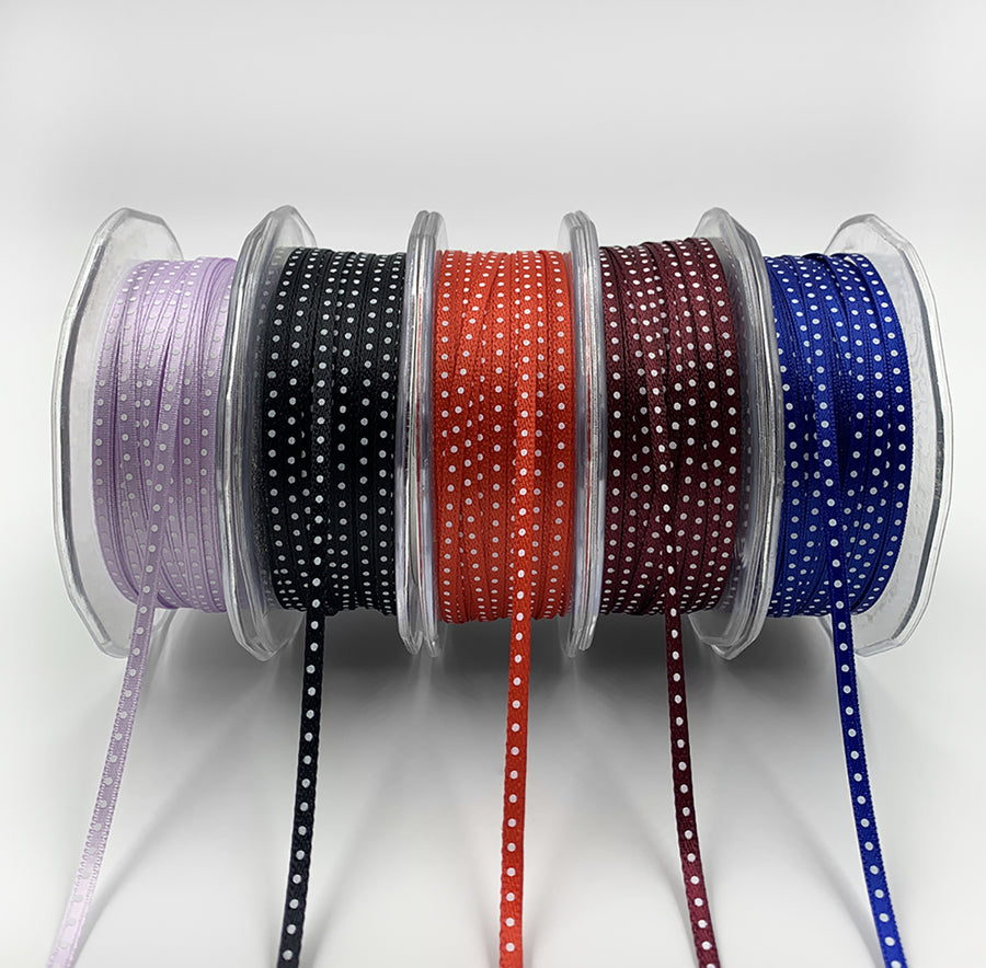 1/8 Inch Satin Mini Center Dot Ribbon with Woven Edge