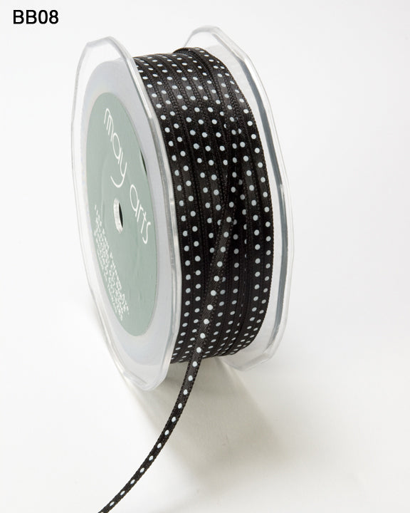 1/8 Inch Satin Mini Center Dot Ribbon with Woven Edge – BB08 – BLACK