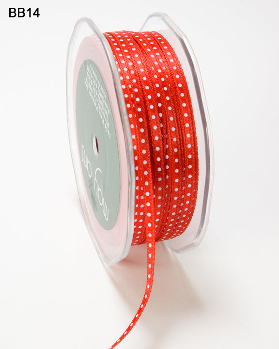 1/8 Inch Satin Mini Center Dot Ribbon with Woven Edge – BB14 – RED