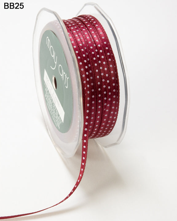 1/8 Inch Satin Mini Center Dot Ribbon with Woven Edge – BB25 – BURGUNDY