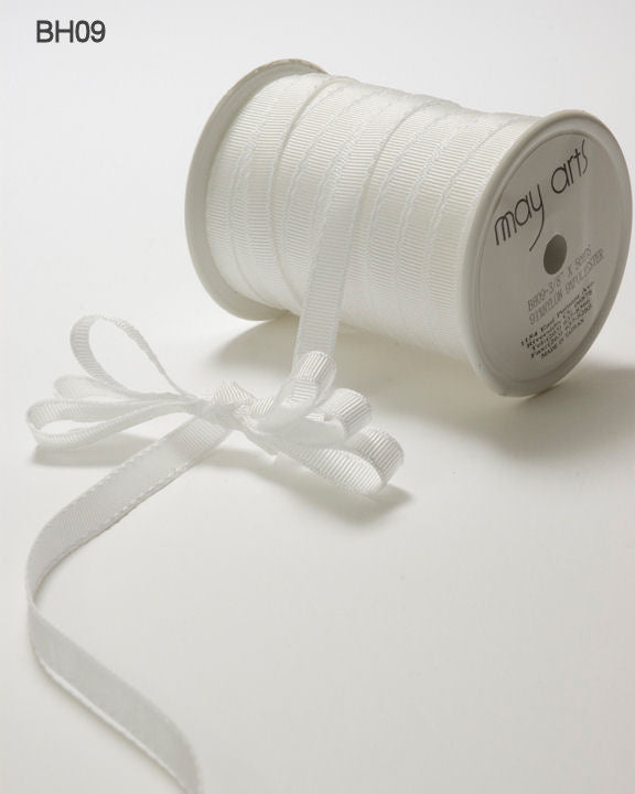 3/8 Inch Classic Grosgrain Ribbon with Woven Stitched Edge – BH09 – IVORY/WHITE STITCH