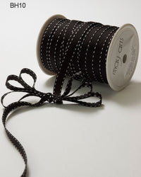 3/8 Inch Classic Grosgrain Ribbon with Woven Stitched Edge – BH10 – BLACK/WHITE STITCH