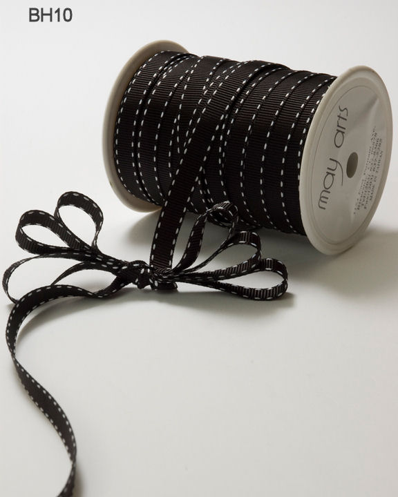 3/8 Inch Classic Grosgrain Ribbon with Woven Stitched Edge – BH10 – BLACK/WHITE STITCH