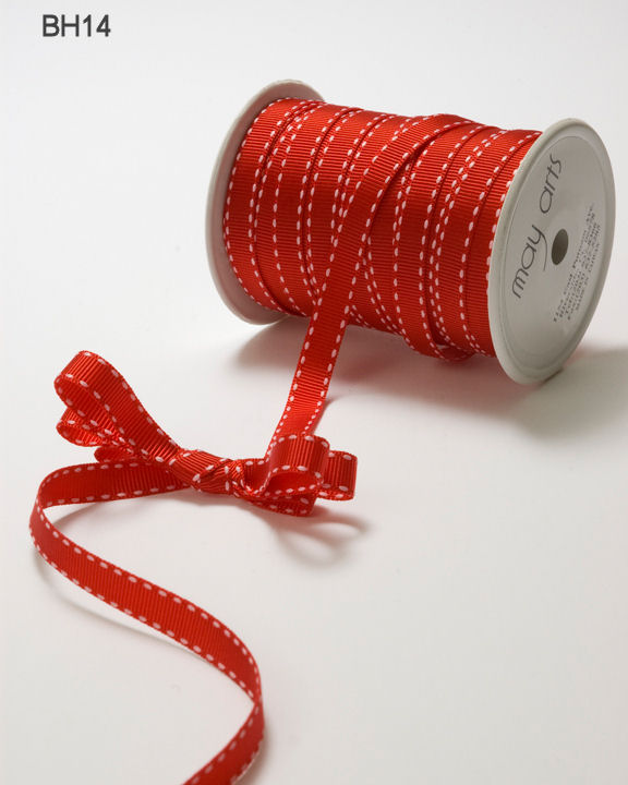 3/8 Inch Classic Grosgrain Ribbon with Woven Stitched Edge – BH14 – RED/WHITE STITCH
