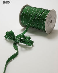 3/8 Inch Classic Grosgrain Ribbon with Woven Stitched Edge – BH15 – GREEN/WHITE STITCH