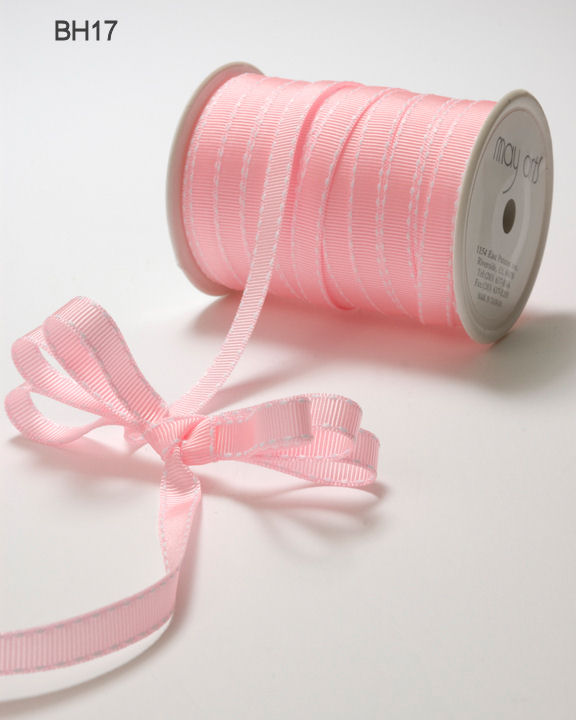 3/8 Inch Classic Grosgrain Ribbon with Woven Stitched Edge – BH17 – PINK/WHITE STITCH