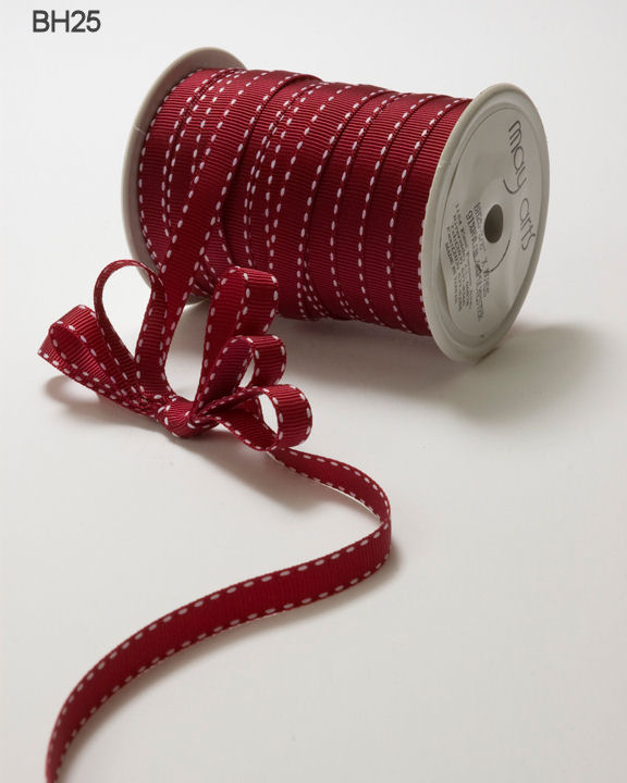 3/8 Inch Classic Grosgrain Ribbon with Woven Stitched Edge – BH25 – BURGUNDY/WHITE STITCH