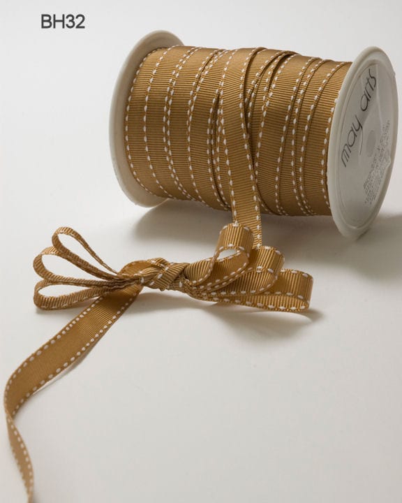 3/8 Inch Classic Grosgrain Ribbon with Woven Stitched Edge – BH32 – ANTIQUE GOLD/WHITE STITCH