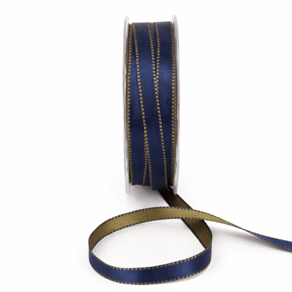 3/8 Inch Two-Color Reversible Satin with Woven Stitched Edge – BM-8-03 – OLIVE GREEN/NAVY BLUE