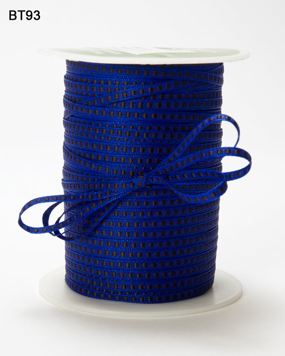 1/8 Inch Block Stitched Center Ribbon with Woven Edge – BT93 – ROYAL BLUE/BLACK STITCH