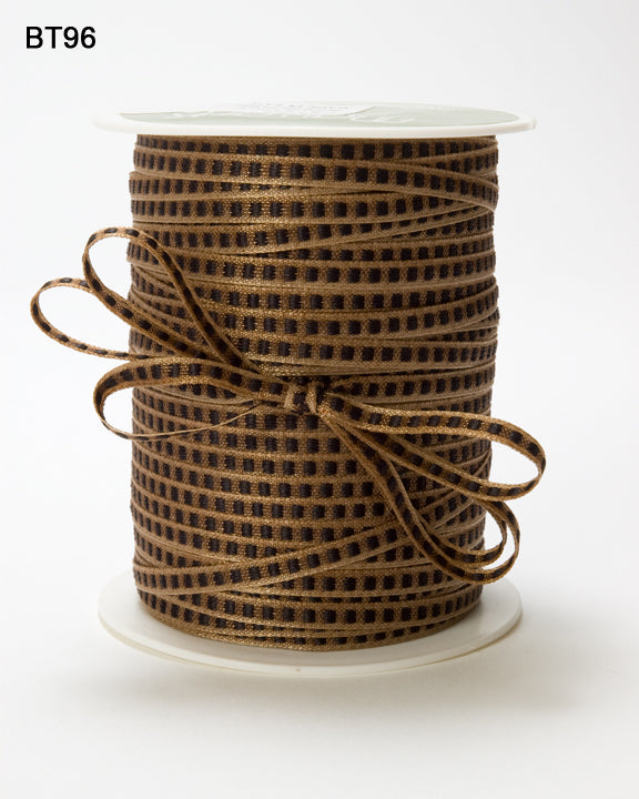 1/8 Inch Block Stitched Center Ribbon with Woven Edge – BT96 – BROWN/BLACK STITCH