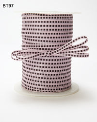 1/8 Inch Block Stitched Center Ribbon with Woven Edge – BT97 – PINK/BLACK STITCH