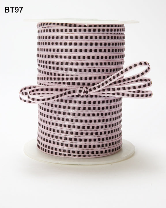 1/8 Inch Block Stitched Center Ribbon with Woven Edge – BT97 – PINK/BLACK STITCH