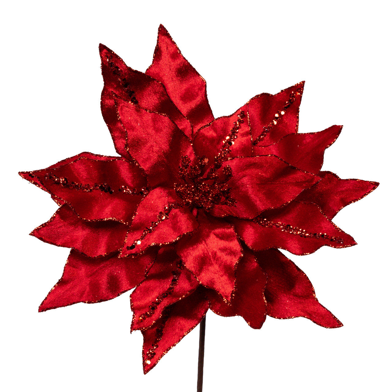 Red Velvet With Glitter Accents Poinsettia Stem