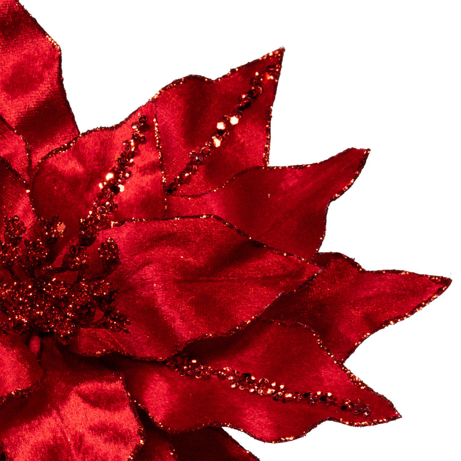 Red Velvet With Glitter Accents Poinsettia Stem