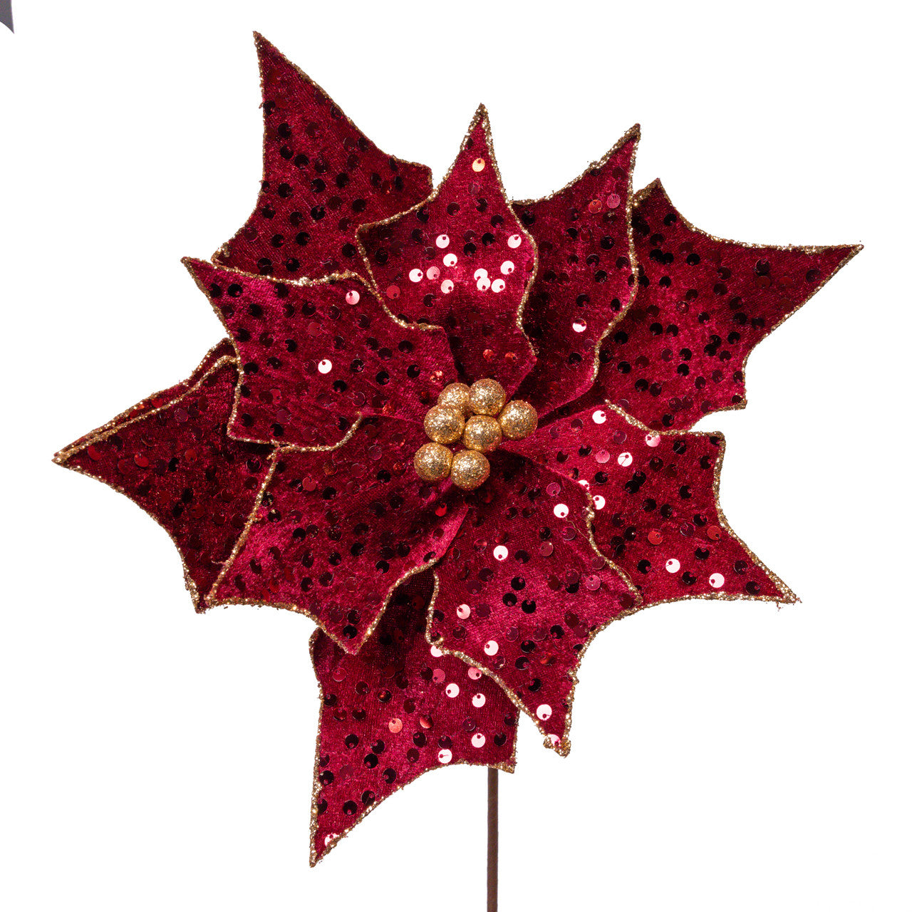 Ruby Red Velvet Sequined Poinsettia Stem