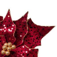 Ruby Red Velvet Sequined Poinsettia Stem