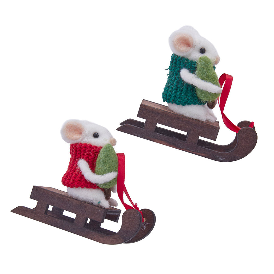 Red & Green Mouse On Sled Ornaments