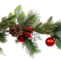 5' Green Pine With Red Balls, Berries & Snowflakes Garland