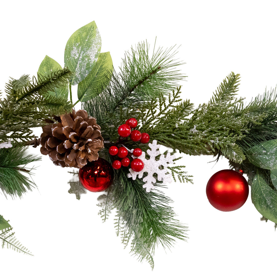 5' Green Pine With Red Balls, Berries & Snowflakes Garland