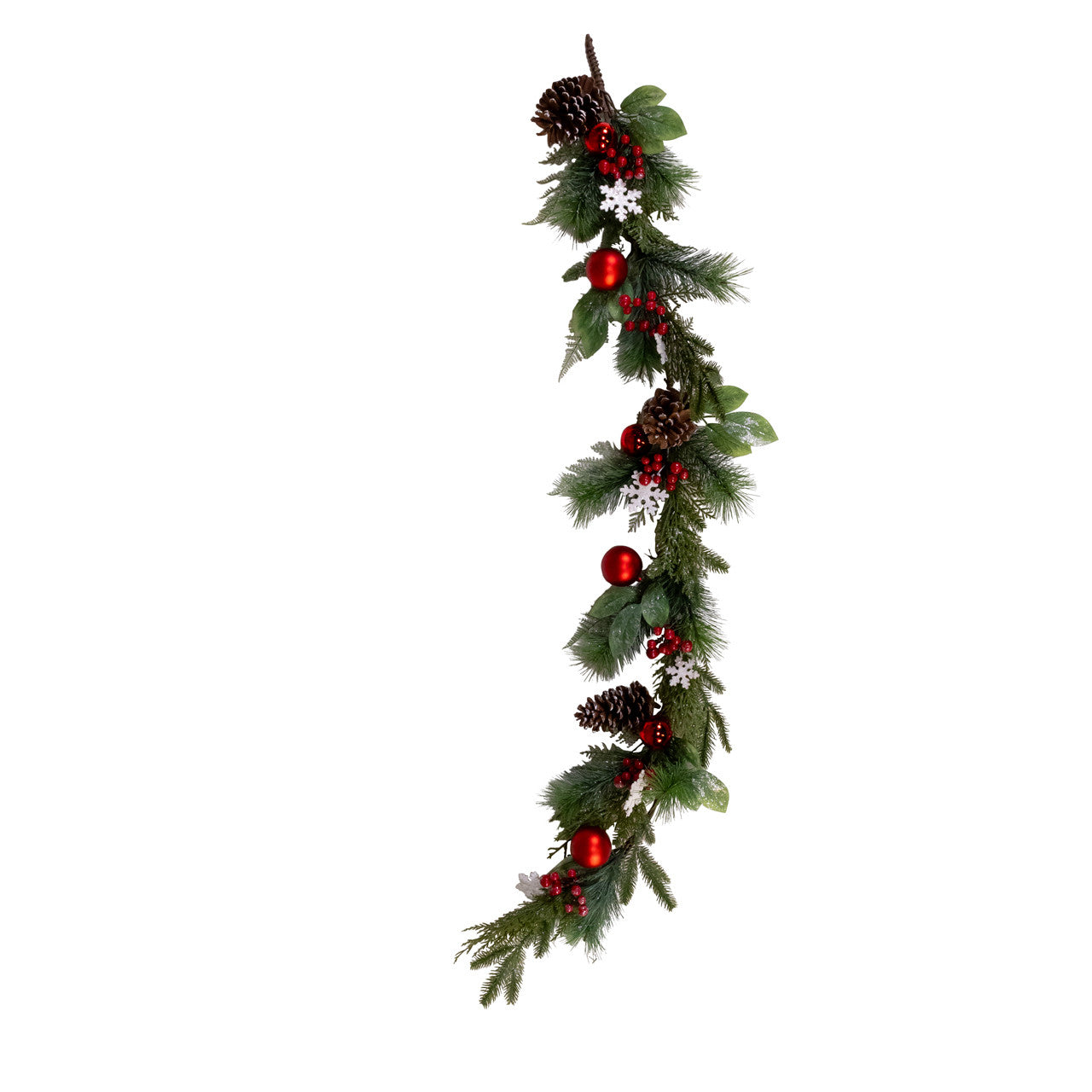 5' Green Pine With Red Balls, Berries & Snowflakes Garland
