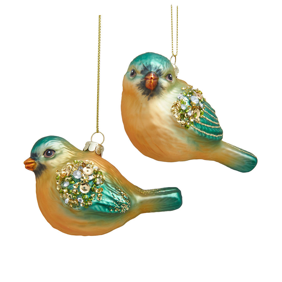 Glass Blue, Green & Gold Bird Ornaments