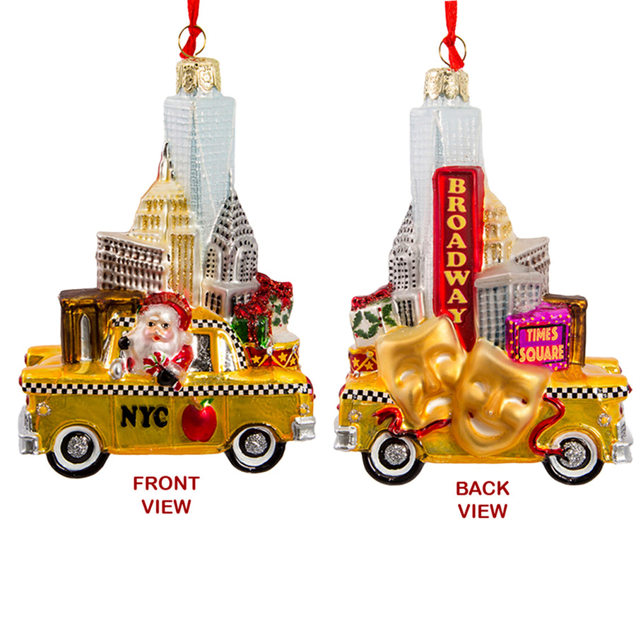 NYC Santa In Taxi Glass Ornament