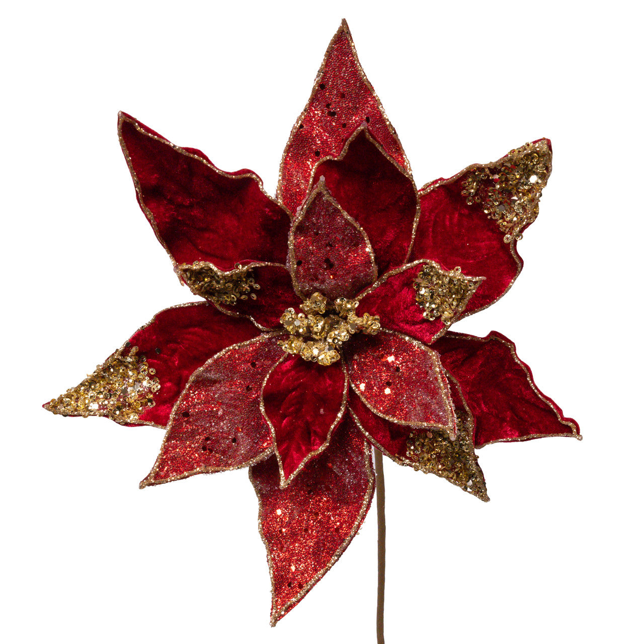 Dark Red & Gold Poinsettia Pick