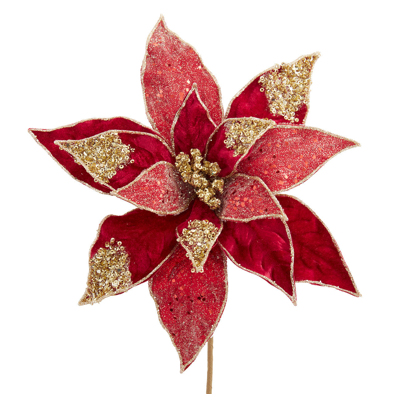 Dark Red & Gold Poinsettia Pick