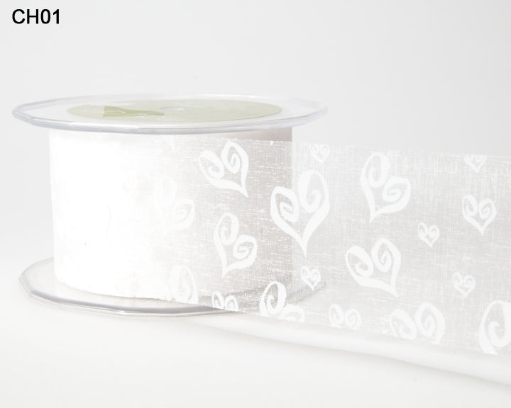 2 Inch Shimmer Sheer Printed Hearts Ribbon with Cut Edge – CH01 – WHITE/WHITE HEARTS