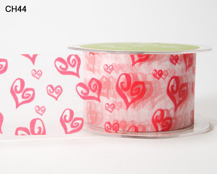 2 Inch Shimmer Sheer Printed Hearts Ribbon with Cut Edge – CH44 – WHITE/RED HEARTS