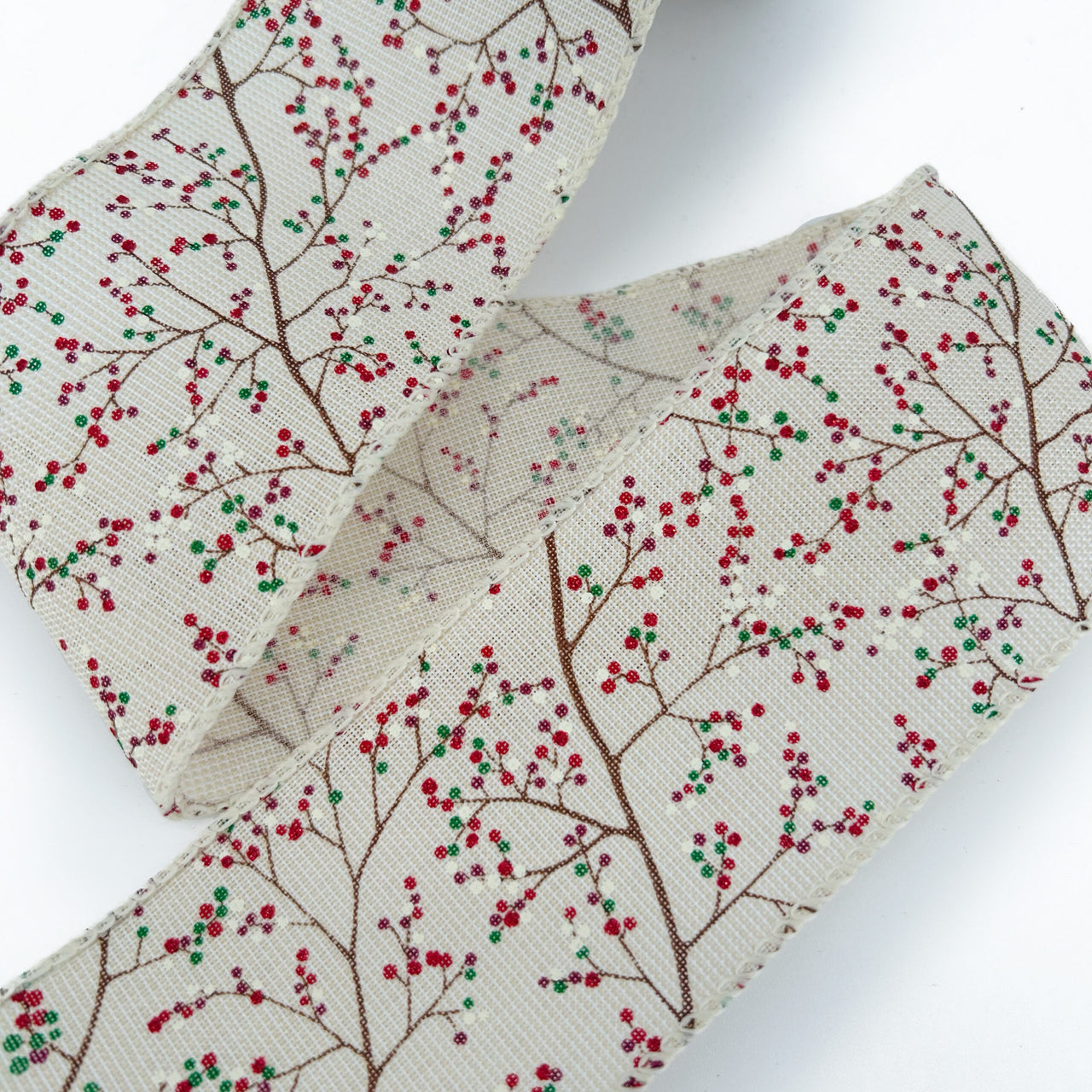 2.5″ Wired Faux Linen Berry Branches Ribbon